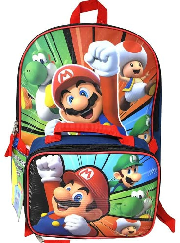 Super Mario 40,6 cm großer Rucksack mit Lunchtasche | 40,6 cm große, langlebige Mario-Büchertasche mit isolierter Lunchbox – Super Mario Schulbedarf
