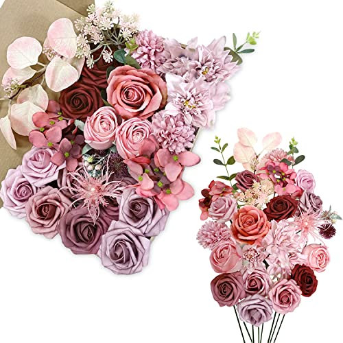 OrgMemory Fleurs Artificielles, Fleurs Soie, Fleurs avec Tige pour Bricolage Arrangement Floral Bouquet de Mariage Fête Maison Bébé Douche Décoration (Dusty Rose Violet)