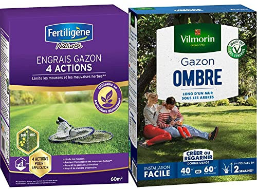 Fertiligene Engrais Gazon 4 Actions, 2,45kg, 60m² & Vilmorin 4466514 Gazon Ombre, Vert, 1 kg