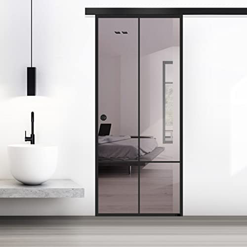 BOSS Black Porta Scorrevole in vetro modello CLUB 80x215 cm (60/80/90 cm) 8 mm, vetro Bronzo, Nano rivestito nero, kit hardware complete nero opaco (80x215 cm, DESTRA)