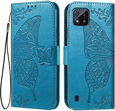 EASSGU Leder Handyhülle für Realme C11 (2021) (6.52 Inches) Flip-Folio Magnetische Hülle mit 3 Kartenfach, 1 Wallet, Sturzfeste, Kratzfeste Case - Blau