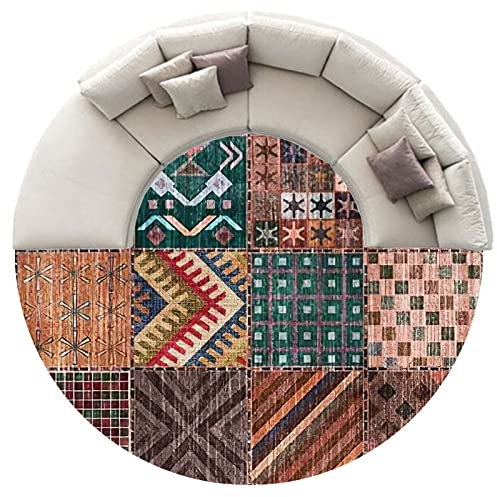 Rururug Teppich,Multicolor, Round ø100 cm, Vintage Musters Patchwork Designs, Teppich Rund für Küchen Frühstücksecke Wohnzimmer Schlafzimmer, Weicher Kurzflor,