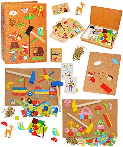 alles-meine.de GmbH 629 Teile/XXL - Hammerspiel - Tiere & Fahrzeuge & Blumen - für Kinder - Klopfspiel Nagelspiel - Hämmerchen mit Korkplatte & Vorlagen - Nagel Hammer Holz..