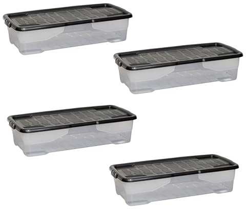 Samuel ALEXANDER 42L Under Bed Clear Stackable and Nestable Storage Boxes with Black Lid (4)