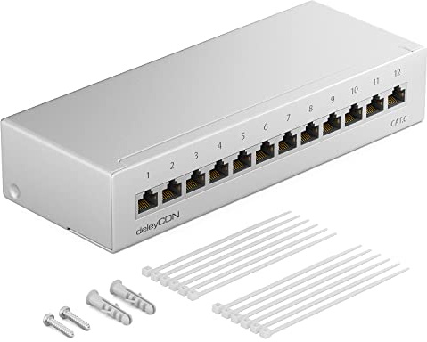 deleyCON CAT 6 Patch Panel Distribution Panel 12 Port 1 U Desktop & Wall Mounting Shielded 12x RJ45 Socket LAN Network Installation Cable TIA568A TIA568B RAL 7035 Light Grey