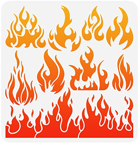 FINGERINSPIRE Flammen-Schablone, 30 x 30 cm, wiederverwendbar, Kunststoff, 9 Stile, Feuermuster, Schablone, Flammenmalerei, Dekor, Vorlage für Kunst, Fenster, Wand, Handwerk, Malerei, Dekorationen