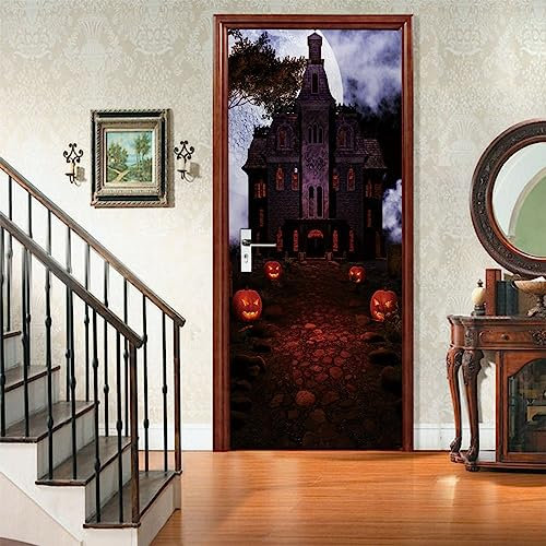 A.Monamour Sticker Porte Autocollant Poster De Porte 3D Scène D'Halloween Avec Vieille Maison Et Lanternes De Citrouille Vinyle Affiche De Porte Sticker Mural Papier Peint Art Décor 77x200cm