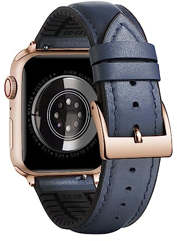 BINLUN Compatible with Apple Watch Bands Leather Soft Silicone Inner Hybrid Sweatproof 38mm 40mm 41mm 42mm Watch Strap for iWatch Ultra SE Series 11/10/9/8/7/6/5/4/3/2/1(Rose-Gold Buckle,Deep Blue)