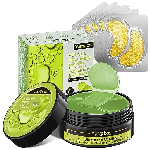 60 Stück grüne Augenpflaster mit 5 Stück 24K Gold Augenmaske, 30 Paare Augenmaske für dunkle Kreise geschwollene Augen Behandlung, Kollagen-Gel-Pads feuchtigkeitsspendend für Schwellungen Falten