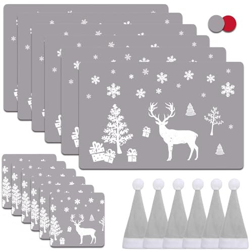 MQIAN 18PCS Christmas Placemats and Coasters Set, Washable Heat Resistant Reindeer Placemats with Cup Mats