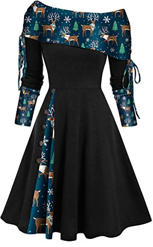 Damen Ugly Weihnachtskleid Lustig Rockabilly Kleid Ärmellos V-Ausschnitt Cocktailkleid Festival A-Linie Partykleid Schneeflocke Muster Abendkleid High Waist Baumwolle Petticoat Faltenrock