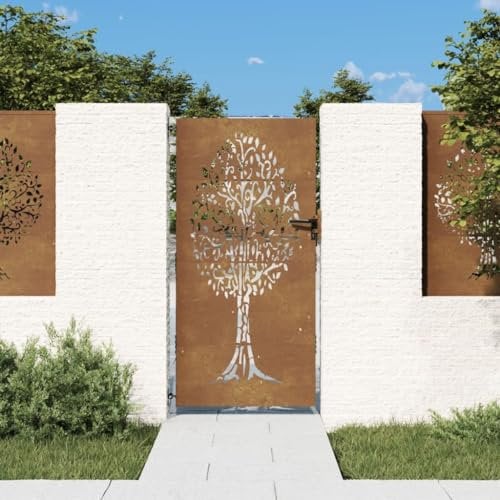 GuyAna Garden Gates High galvanised wrought iron metal swing gate,Garden Gate 85x200 cm Corten Steel Tree Design
