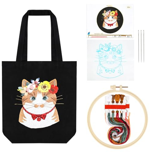 RVLZKCPG Stickset mit Tasche Sticken Set Erwachsene für Anfänger Stickerei Set mit Katzen-Muster DIY Handgemachte Kreuzstich Segeltuchtasche Sticktasche Embroidery Kit