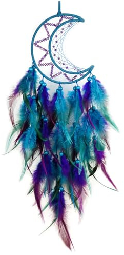 Traumfänger mit LED Licht Handgefertigt Dreamcatcher, Handgefertigt Dreamcatcher mit Federn Böhmen Dekoration, Heimdekoration, Ornamente Dream Catcher (blau-lila Mond)