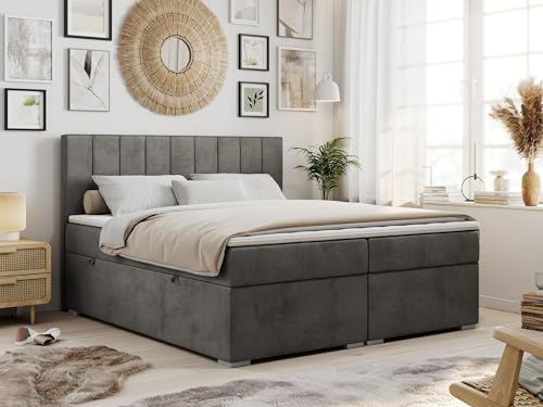MKS MEBLE Boxspringbett 200x200 mit 2 Bettkästen, Polsterbett 200x200 mit Matratze H3 Topper, Boxspringbett 200x200, Polsterbett 200x200, Bett 200x200 mit Kopfteil - Dunkelgrau Velvet - H3 - Ally