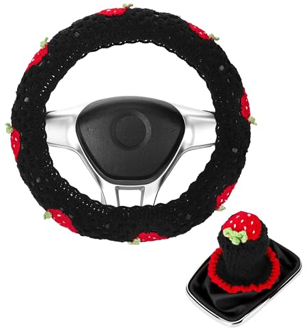 Grehge Lenkradbezug-Set, niedliches Auto-Lenkradbezug, Boho, 35,6–38,1 cm, rosa Erdbeer-Oma-Quadrat-Muster, Auto-Zubehör für Frauen (schwarz (Lenkung + Schaltknauf)
