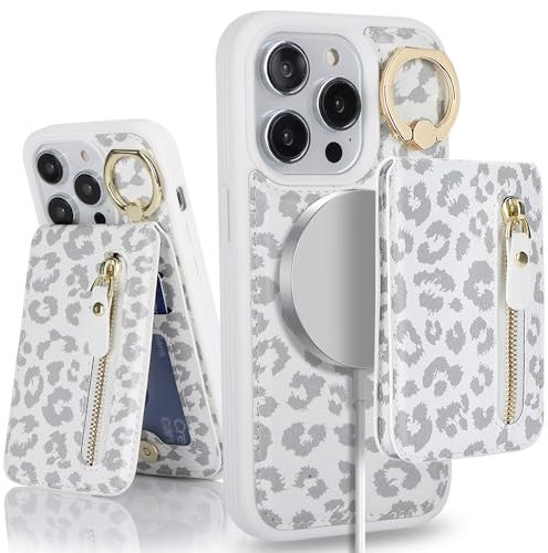 SailorTech iPhone 14 Pro Case With Card Holder, Ring Stand, Kickstand, Card Slots, Wallet - Detachable 2-in-1 Zipper Cover - White Leopard