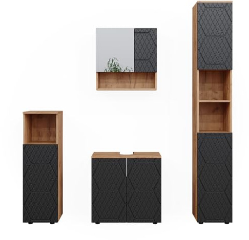 Vicco Badmöbel-Set Irma, Anthrazit mit Wabenstruktur 80 cm | besteht aus Waschbeckenunterschrank, Spiegelschrank, Hochschrank und Midischrank