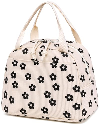 LEDAOU isolierte Lunch-Box Frauen wiederverwendbare Lunch-Tasche Cord Mittagessen Tote Handtaschen auslaufsichere thermische Kühler Mittagessen Fall große Kapazität Lunch-Box (Kord Schwarz Blume)