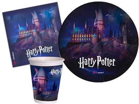 Partygeschirr Party-Set Harry Potter Hogwarts Castle für 24 Personen (88 pcs: 24 Pappteller Ø23cm, 24 Becher 250ml, 40 Servietten 33x33cm) aus eco-friendly kompostierbarem Papier
