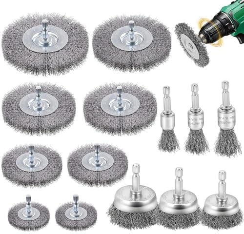 Omtofo 14 Pièces Brosse Métallique pour Perceuse, 6mm Tige Hexagonale Brosse Metal, Brosse Métallique Perceuse pour l'élimination de la Rouille/Corrosion/Peinture