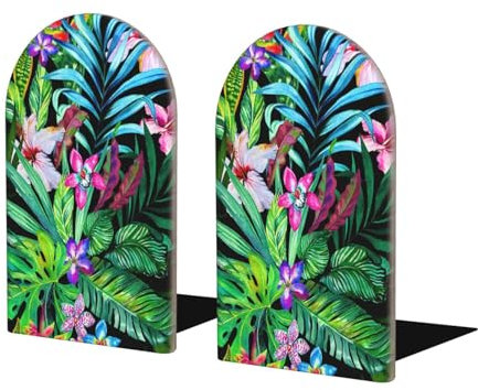 Lot de 2 serre-livres colorés en bois imprimé feuilles tropicales pour les amateurs de livres et les organisateurs