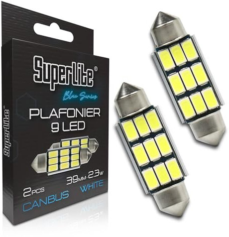 Superlite Set de 2 Bombillas de Plafonier de 9 Leds, 39 mm 23W de la Gama Blue Series Tecnología CanBus de Luz Blanca Ideal para Coche y Camión
