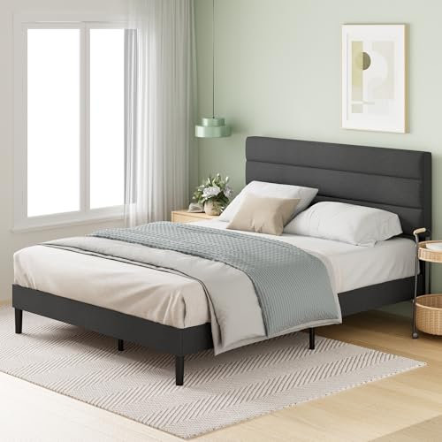 ZINUS 4ft6 Double Bed Frame Upholstered Platform Bed with Headboard/Linen Fabric/Sturdy Wooden Slat Support/No Box Spring Needed - Headboard height 77cm/30in - Dark Grey Double Bed - 5 Years Warranty