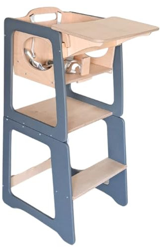 Dunorm - Lernturm Kinder Montessori, Lerntuem Tisch, Küchenhelfer Steh, Umwandelbarer Leiter Helferhocker, 2 in 1 Set Mit Hochstuhl Vorhanden, Handgefertigt