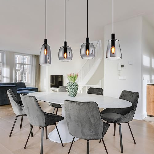 Pendant Lamp 4-Bulb Dining Table Light Smoked Glass Living Room Lamp Pendant Lamp Black Metal 4x E14 L x H 107 x 120 cm