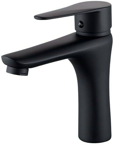 Wasserhahn Bad Schwarz, Waschtischarmatur Bad Armatur Mischbatterie Waschbeckenarmatur Schwarz Einhebelmischer Badezimmer aus Messing, Warm und Kalt Einstellbar, Auslaufhöhe 110mm
