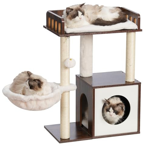Heybly Modern Cat Tree, Wooden Cat Tower with 3 Scratching Posts, Cat Condo for Indoor Cats with Wood Cat Cave, Plush Perch, Basket, Pompom, Rustic Brown HCT007SSR