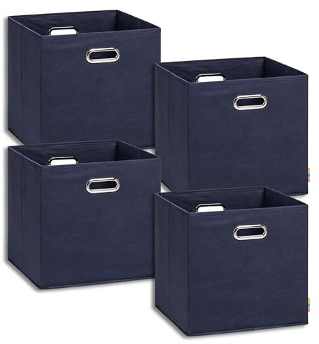 Storanda | 4er Set Aufbewahrungsbox 33x33x32.5 cm | Breite Griffe auf zwei Seiten | Stabil & Faltbar | Regalbox für Würfelregal | Ideal für Zuhause & Kinderzimmer | Dunkelblau