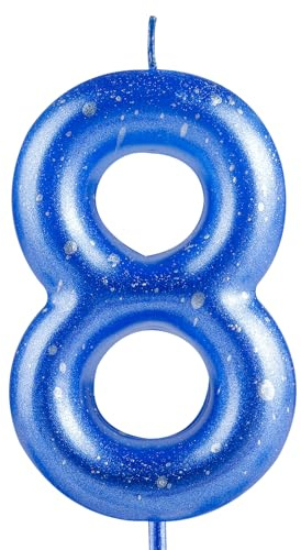 Hongplus Blue Silver Number 8 Candles, 8 Birthday Candle,Blue Happy Birthday Candles for Cake, Cake Topper Decorations for Boys Girls Him 8th Birthday Party Decorations Supplies Favor Gift