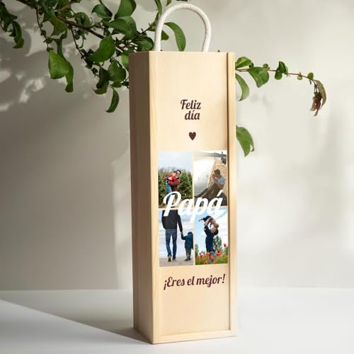 Transparent Gift Caja de Vino Personalizada con 4 Fotos y Texto. Regalo para Familiares, Amigos, Pareja. Cajas de Madera Personalizadas para Botella de Vino. Regalos Personalizados para Mujer y Hombre