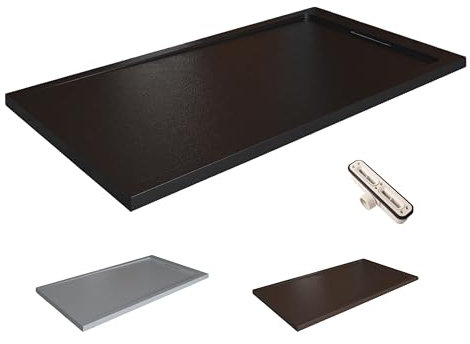 VAROBATH | Plato de ducha de resina STYLE - Resina con relleno mineral y textura pizarra antideslizante C3 - Incluye válvula de desagüe y rejilla oculta (NEGRO RAL9005, 70X100)