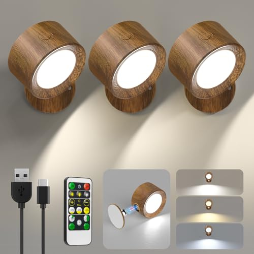 LED Wandleuchte Kabellos, 3 Stück Akku Wandlampe ohne Bohren Aufladbare Lampen, 3 Farbmodi Dimmbar Wandlicht Nachttischlampe mit Fernbedienung, 360° Indirekte Strahler für Kinderzimmer Schlafzimmer