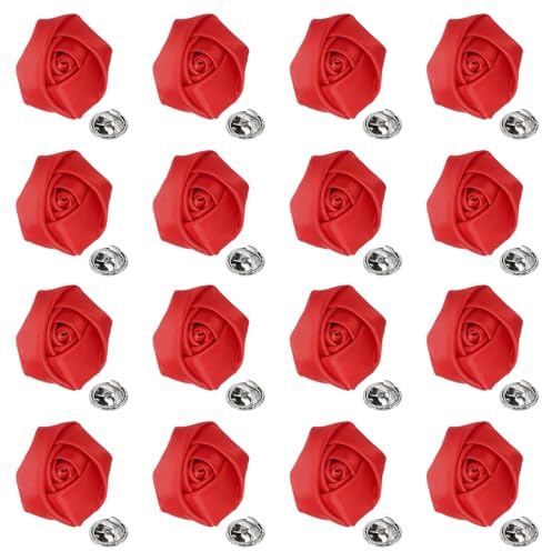 sourcing map Lot de 16 fleurs de revers pour homme - 5,1 cm - Rose en satin artificiel - Pour mariage, fête, bal, cérémonie - Rouge, 5 cm/2 inch, Polyester