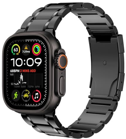 MoKo Correas de Titanio Compatible con Apple Watch Ultra 2/Ultra 49mm, S10 46mm,9/8/7 45mm,SE2/SE/6/5/4 44mm, 3/2/1 42mm, Correa de Metal para Hombre con Cierre Desplegable, Negro