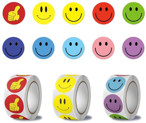 DingYaMaoYi 3 Rollen 1500 Stück Smiley Aufkleber, Cartoon Smiley Sticker Runde 2,5cm, Belohnungs Sticker, Lehrer Belohnungssticker für Sammelalbum, Geschenkdekorationen, Partydekorationen, Mehrfarbig