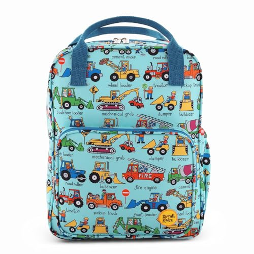 Tyrrell Katz Trucks Printed Backpack in Blue - Double Zip Kids School Rucksack with Bottle Pocket, Twin Handles & Adjustable Straps · Fits A4 Books · Made from Recycled Polyester
