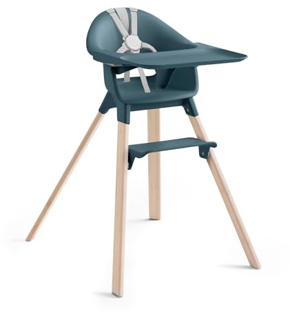 Stokke Clikk - Seggiolone portatile con vassoio, poggiapiedi e imbracatura, facile da montare senza attrezzi, per casa e viaggi, da 6 mesi a 3 anni, colore: blu fiordo