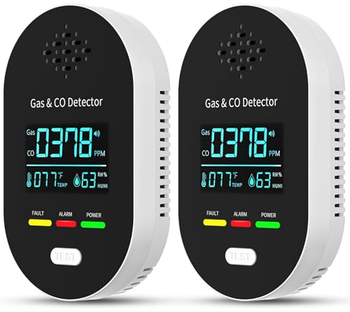 Kohlenmonoxid-Melder mit Stecker, 4-in-1 CO-Melder Gas Melder mit Temperatur- & Luftfeuchtigkeitssensor, mit akustischem Alarm für CO – geeignet für Haus & Wohnmobil (2, Schwarz)