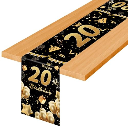 TaimeiMao 20 Jahre altes Tischläufer Geburtstag Schwarz Gold,180X35cm | Tischläufer 20 Geburtstag Schwarz Gold,Table Runner Birthday,TischdekoGeburtstag für Junge Mädchen,Party Dekoration