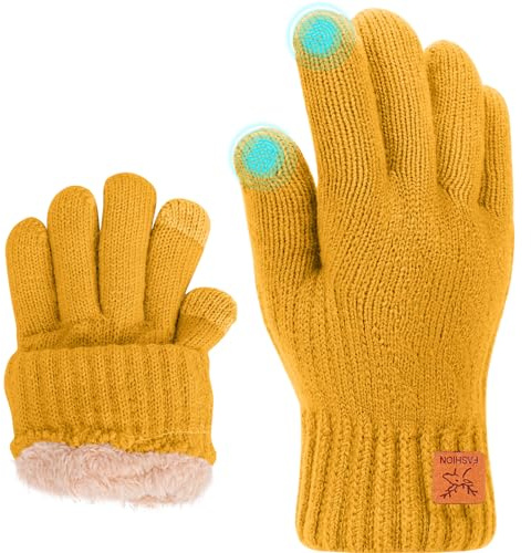 Fjquamitix Kinder Winterhandschuhe Weiche Warme Strickhandschuhe Thermohandschuhe Fleecefutter Touchscreen Kleinkind Handschuhe für Jungen Mädchen im Alter von 5 bis 12 Jahren