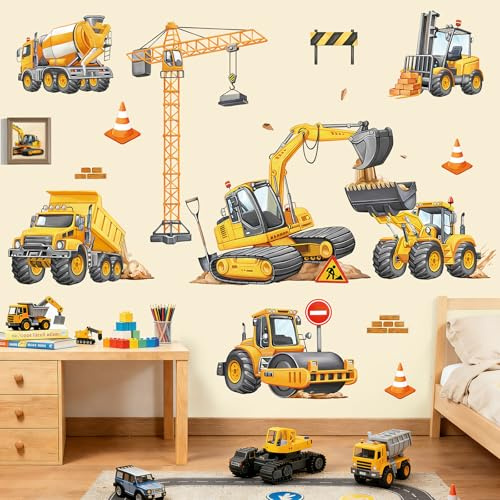 decalmile Construction Vehicles Excavator Wall Decals Engineering Car Tractor Crane Wall Stickers Boys Room Kids Bedroom Playroom Home Decor