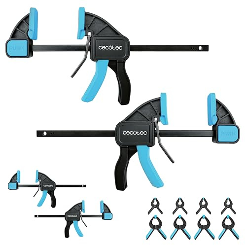 Cecotec Schnellspannzwingen-Set StrongComfort 740 Instant Evolution, 12-tlg, 2 Einhandzwingen 300x60 mm + 2 Zwingen 150x40 mm, 8 Federklemmen 1/3, bis 70 kg, Easy-Click Kopf Druck/Spreizen