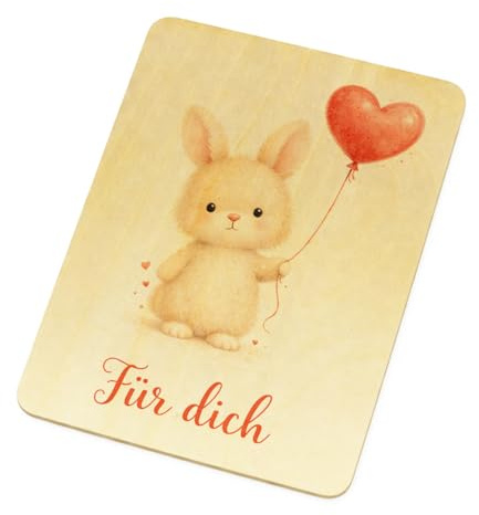 Hase Herzluftballon Für dich Postkarte aus Holz Liebevolle Holzkarte mit Spruch - ideal als Valentinsgeschenk