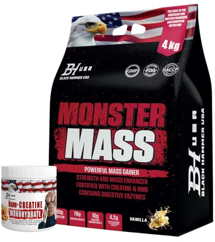 Monster Mass 4KG / 8KG Mass Gainer Protein Powder | High Calorie Weight Gainer with Creatine, BCAA, Glutamine & Taurine | Muscle Growth & Recovery | Black Hammer USA (4000G, Vanille)