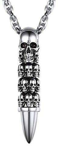 PROSTEEL Skull Necklace for Men, Silver Bullet Skeleton Pendant Necklaces, Retro Hip Hop Punk Style, Gothic Halloween Jewellery Stainless Steel, Send Gift Box